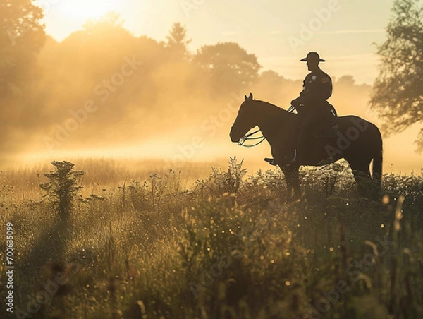 Fototapeta mounted police officer on a horse, open field, early morning fog