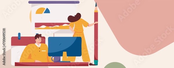 Fototapeta Flat vector illustration of business people operating work scene
