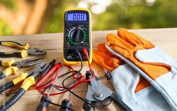 Fototapeta Digital multimeter and instrument tools of electrician isolated on a blurred tree background.
