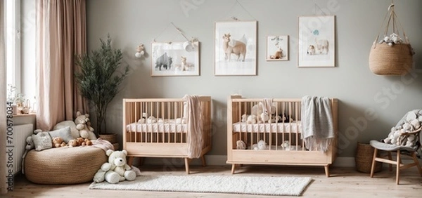 Fototapeta Scandinavian-inspired baby room featuring a gorgeous wooden cot, cuddly toys, and a blank poster frame to display your child's emerging artistic talents