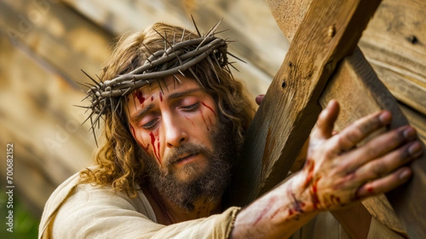 Fototapeta Close up image of Christ carrying the cross to his crucifiction with crown of thorns. Easter good Friday concept