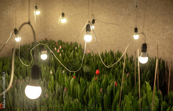 Fototapeta Different varieties of tulips bloom in a small greenhouse. Small greenhouse with tulips. The growing process