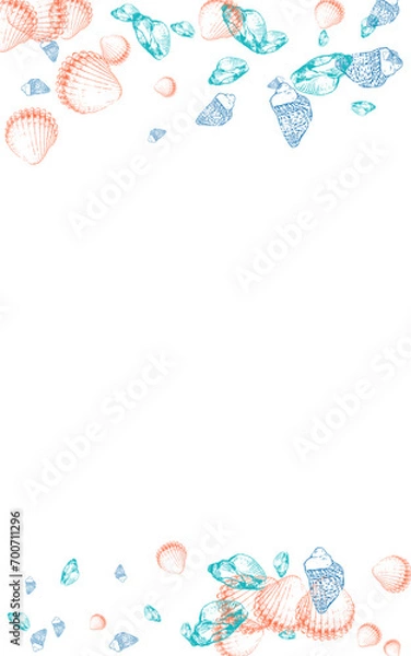 Fototapeta Orange Shell Background White Vector. Shellfish Watercolor Textile Card. Coastal Design. Blue Clam Whimsical Pattern.