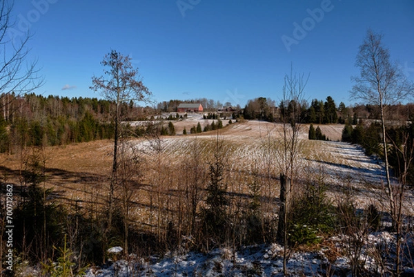 Fototapeta Swedish landscape with farm in the background in Bredebolet in Skaraborg in Vaestra Goetaland in Sweden in spring