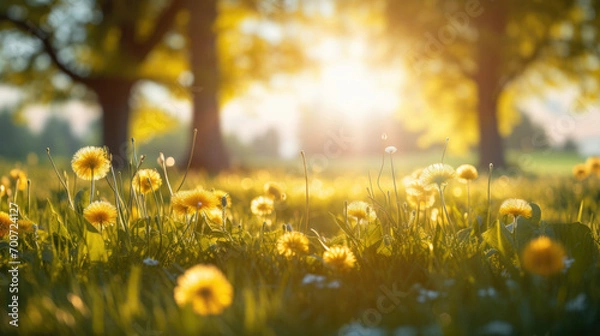 Fototapeta Field of dandelions bathed in the warm glow of sunlight with floating seeds in the air
