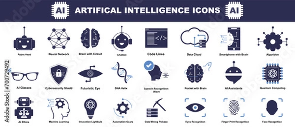 Obraz Technology icon set - Containing Ai, robotics, biometric, cloud computing, data mining, machine learning and automation icon - Technological Evolution Icons.