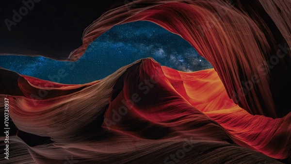 Fototapeta Antelope Canyon at night with a beautiful starry sky at night with the galaxy in the background