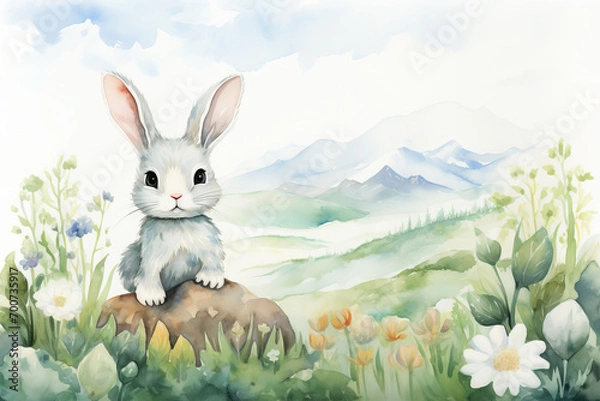 Fototapeta Cheerful baby rabbit playing with butterflies, watercolor style in vibrant colors. Charming addition to a baby's room, generative ai,  generative,  ai,  