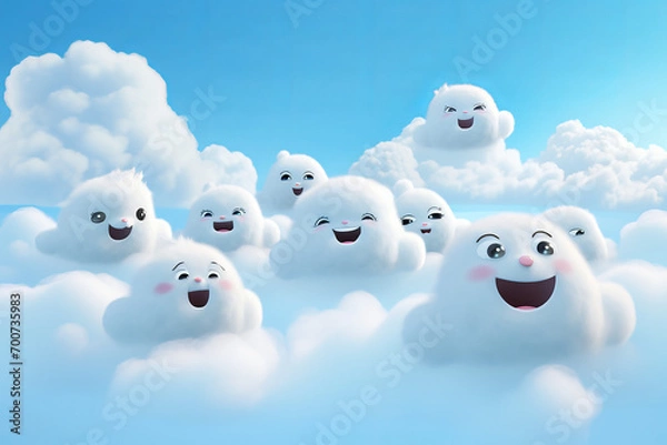Fototapeta AI-generated image of fluffy, white cloud characters with happy faces, on a pastel blue background.  