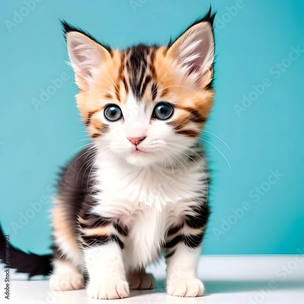 Fototapeta Cute little kitten on blue background. Generative AI.