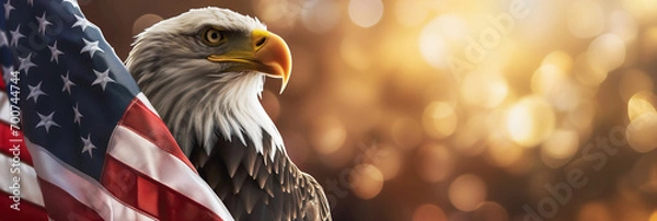 Fototapeta Patriotic banner with bald eagle and American flag on bokeh background
