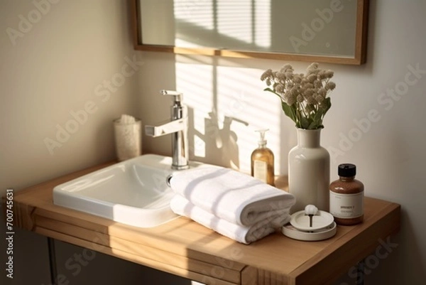 Obraz Vanity with bare base and personal care items for morning ritual.