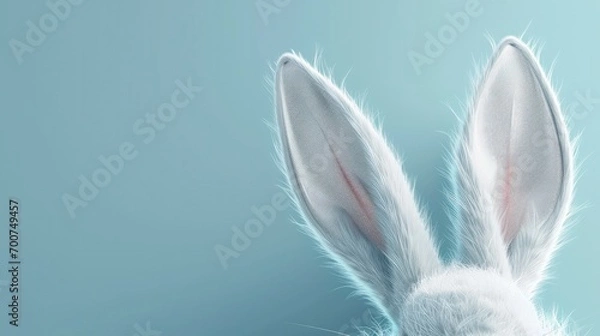 Fototapeta White rabbit ear on pastel blue background. Easter day. 3d rendering