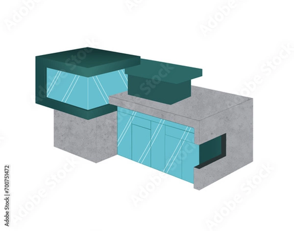 Fototapeta Illustration isométrique d'un bâtiment moderne en perspective avec des couleurs froides