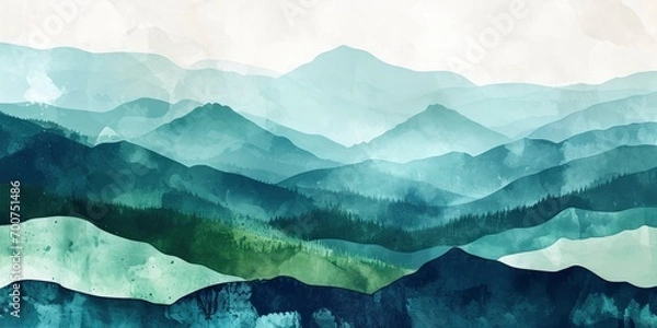 Fototapeta Minimalistic landscape art background with mountains and hills in blue and green colors. Abstract banner in oriental style with watercolor texture for decor, print, wallpaper