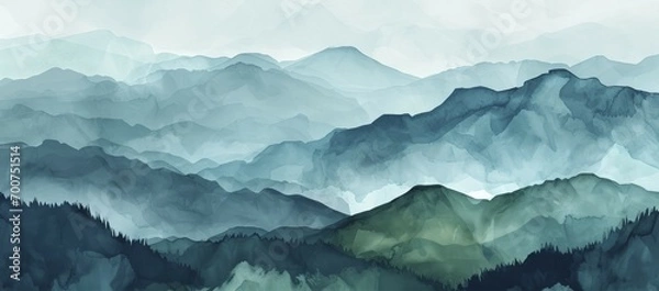 Fototapeta Minimalistyczne tło sztuki krajobrazu z górami i wzgórzami w kolorach niebieskim i zielonym. Abstrakcyjny baner w stylu orientalnym z akwarelową teksturą do dekoracji, druku, tapety