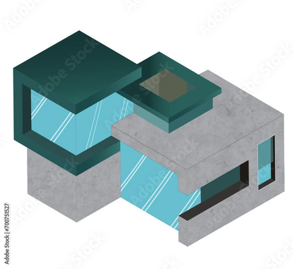 Fototapeta Illustration isométrique d'un bâtiment moderne en perspective avec des couleurs froides