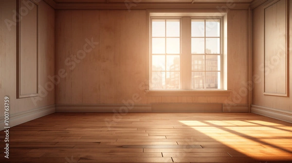 Fototapeta Pièce d'une habitation complètement vide et lumineuse. Ouverture sur une fenêtre, ombre et lumière. Espace vide de composition. Fond pour conception et création graphique.
