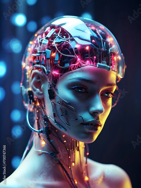 Fototapeta female android with a human face and robotic body