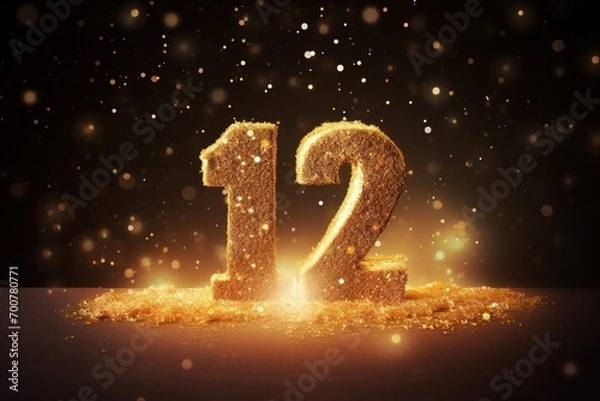 Fototapeta Golden sparkling number twelve on dark background with bokeh lights. Symbol 12. Invitation for a twelfth birthday party or business anniversary.