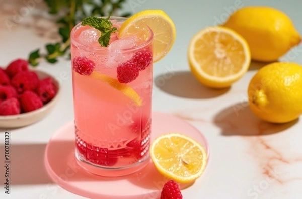 Fototapeta the raspberries and lemonade is garnished with lemons and raspberries