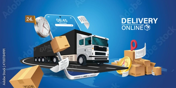 Obraz Parcel tracking app. 
delivery truck with cargo box is on a mobile phone. Online Parcel Inspection Concept.Online delivery transport logistics service. Warehouse factory express delivery box.