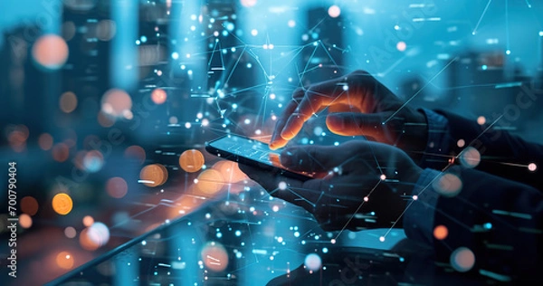 Fototapeta Marketing w mediach społecznościowych, globalny biznes, IoT Internet of Things Concept. Kobieta korzysta z telefonu komórkowego do zakupów online i bankowości cyfrowej za pośrednictwem aplikacji mobilnej, handlu elektronicznego, rynku wielokanałowego