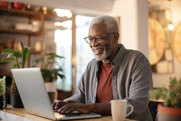 Fototapeta Happy african american elderly man using laptop at home, smiling black man looking at laptop browsing internet.