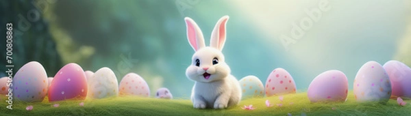 Fototapeta illustration of a cute white 3d rabbit with colored eggs and a blurry background for easter