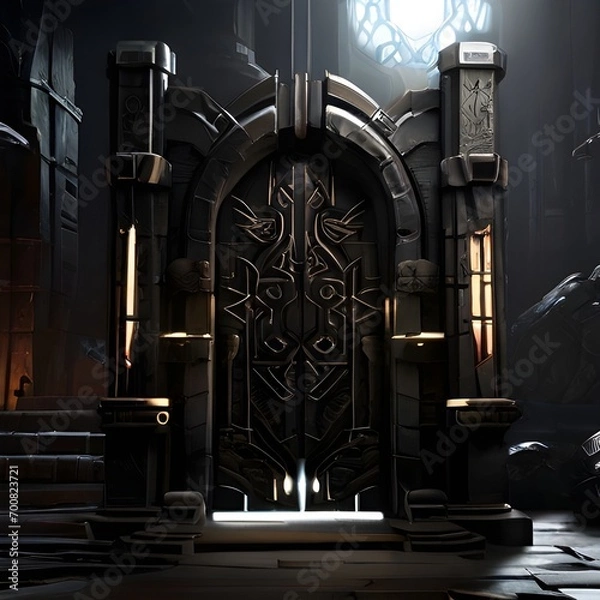 Fototapeta A towering, obsidian gate looms before you, its intricate carvings and glowing runes hinting at the powerful PC components that lie beyond.	