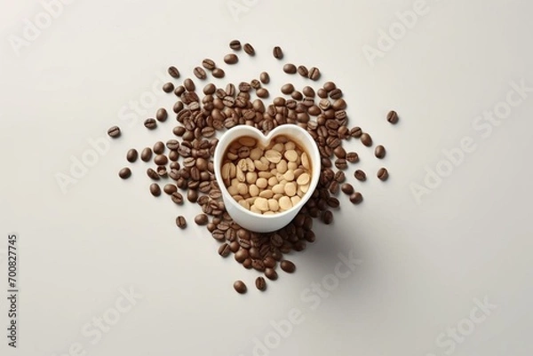 Obraz Coffee lover. Heart shape of coffee beans and paper cup on white background. Valentine's Day card. Generative AI