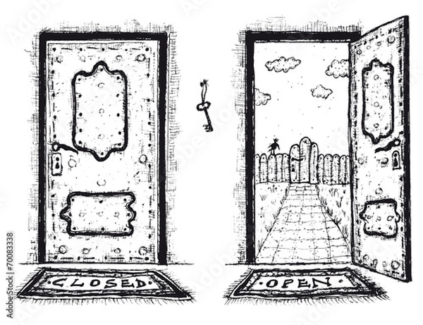 Fototapeta Sketched Door, Open And Closed