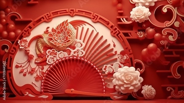 Fototapeta Celebrate Chinese New Year 2024 with a captivating 3D illustration featuring a majestic dragon, playful bunny, and vibrant red Chinese patterns, set against a whimsical hand fan backdrop.