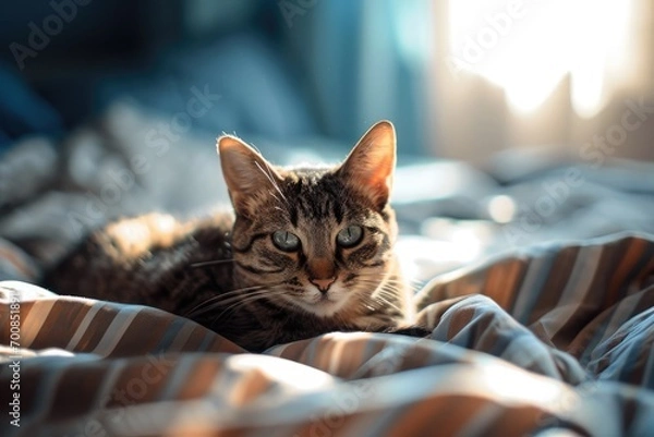 Fototapeta cat sleeping on a bed