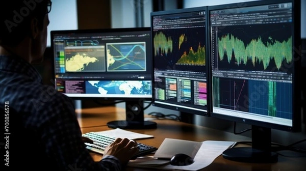 Fototapeta Climate Insights: Expert Climatologist Analyzing Data on Multiple Screens for a Sustainable Future