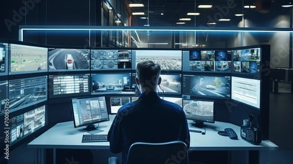 Fototapeta Vigilant Guardian: Captivating Surveillance Footage in a High-Tech Control Room