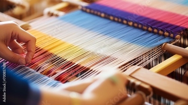 Fototapeta Vibrant Threads: Masterful Hands Weaving a Colorful Tapestry on a Loom - Captivating Artistry and Craftsmanship