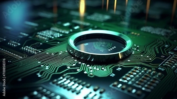 Fototapeta Technological Marvel: Intricate Microchip Unveiled in Exquisite Detail on Circuit Board - A Captivating Glimpse into the Future of Innovation