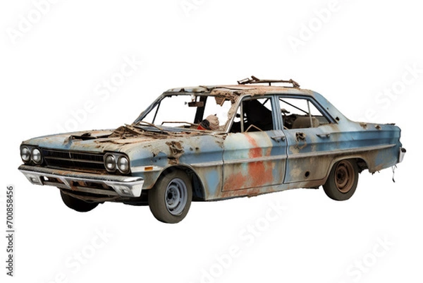 Fototapeta Ruined Police Car, transparent background, isolated image, generative AI