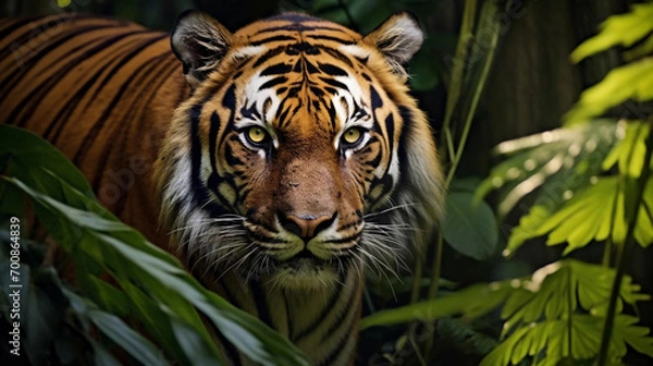 Fototapeta Portrait of a tiger hiding in jungle leaves staring right at the camera, national wildlife day