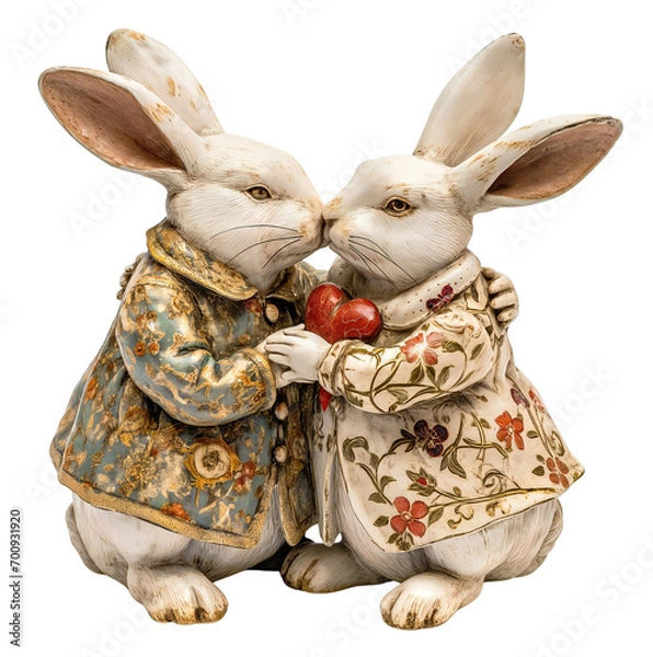 Fototapeta Ceramic figurine of kissing rabbits. Cute loving rabbit figures. White hares in vintage clothes. Isolated on a transparent background.