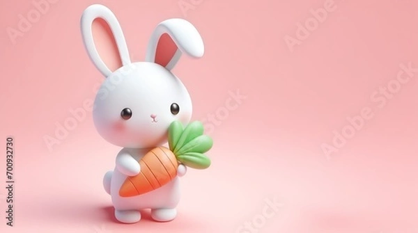 Obraz 3d Cute Easter Bunny with carrot on pink background