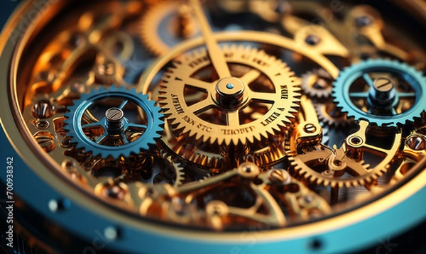 Fototapeta Intricate clockwork mechanism showcasing precision engineering with golden gears and cogs in close-up