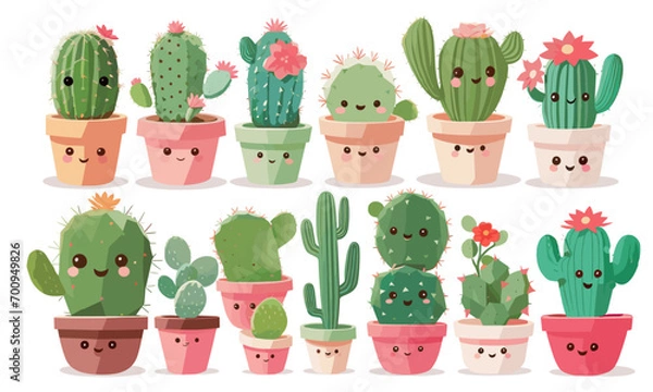 Fototapeta Set of cactus. Many vector of a cute kawaii cactus