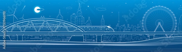 Obraz Train rides on the bridge. City industry and transport illustration. Ferris wheel. Urban scene. White lines on blue background. Vector design art