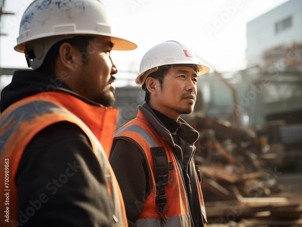 Obraz 建設現場で確認作業をしている男性たち