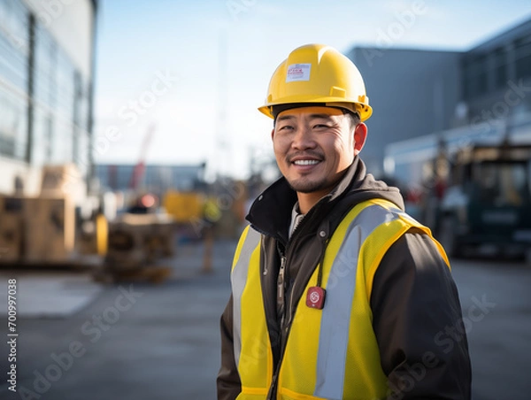 Obraz 工事現場で働く作業着とヘルメットの作業員・建築・建設・土木・道路工事・男性