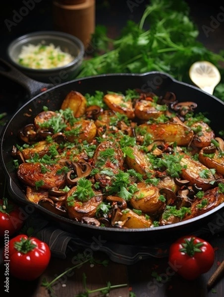 Fototapeta Mushrooms frying in a pan