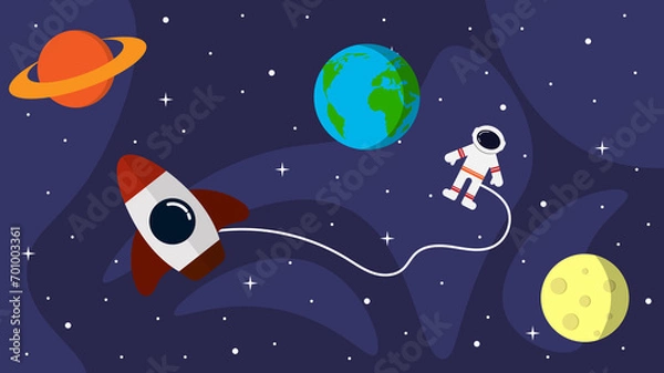 Fototapeta Space with Planets Astronaut and Rocket Flat Style. Cute shuttle flying into cosmos