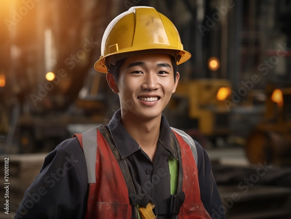 Obraz 工事現場で働いている笑顔の新入社員・男性